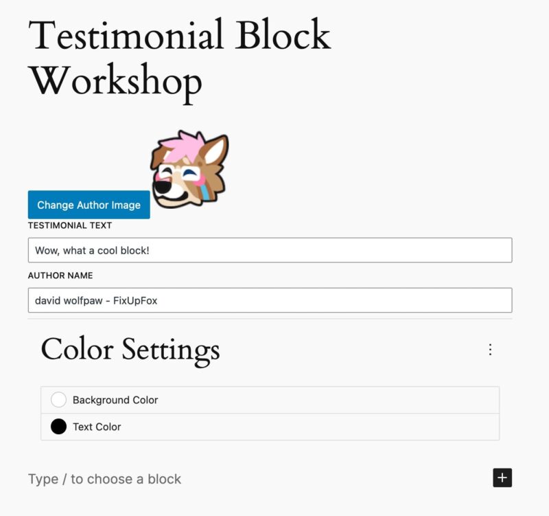 a screenshot of the testimonial block backend, showing the color settings fields
